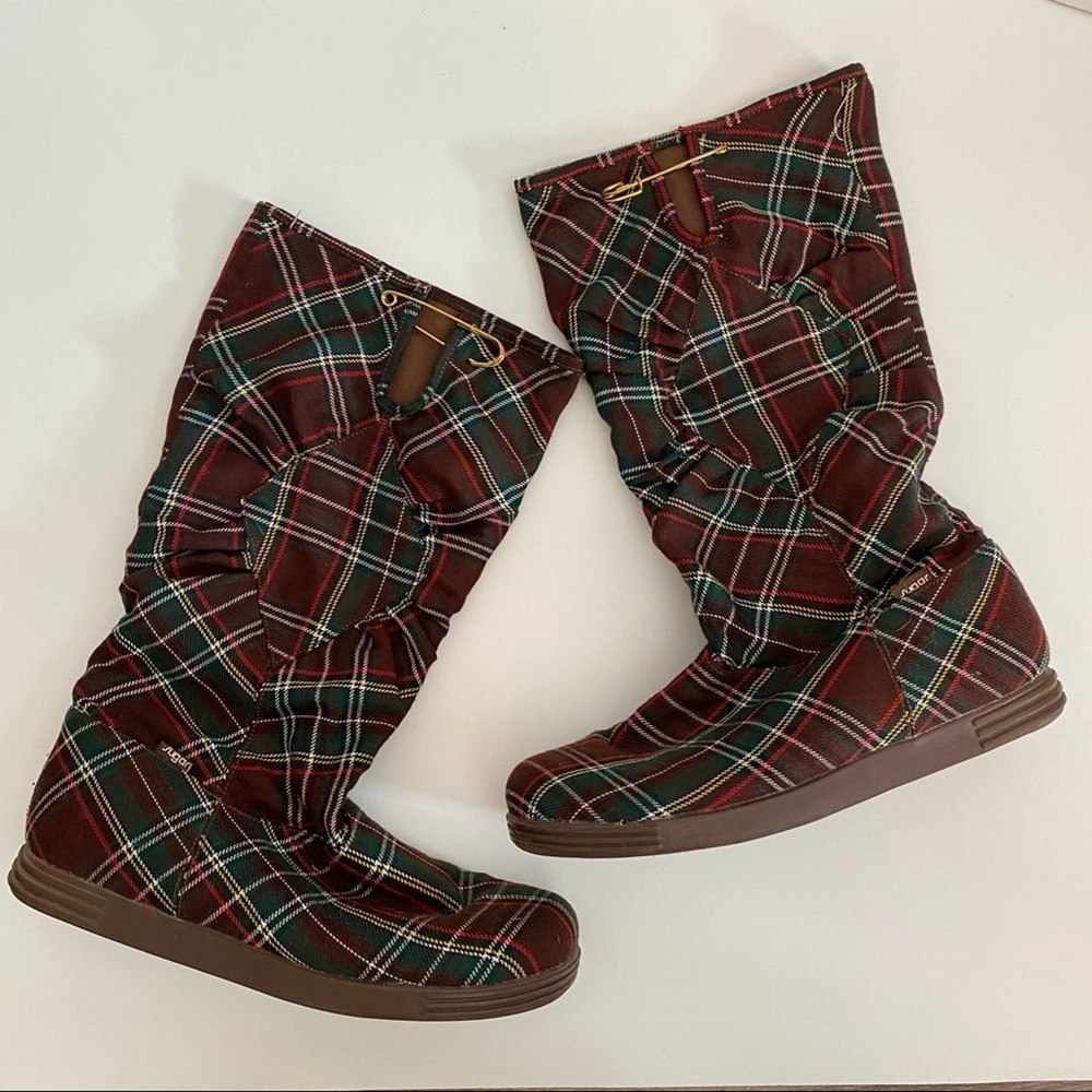 SUGAR Green Red Tartan Plaid Cloth Tall Boots US 8 UK 5.5